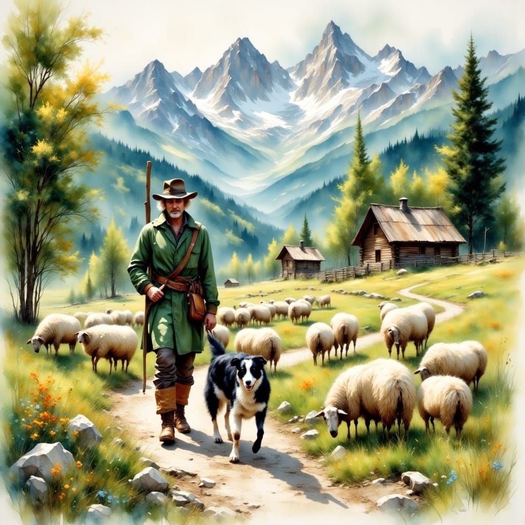 Shepherd and Sheep in Dreamy Impressionist Watercolor