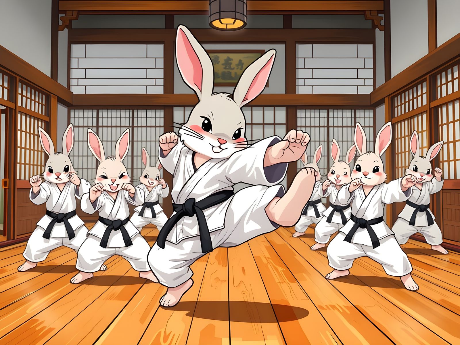 Rabbit Karate Master Demonstrates Double Front Kick