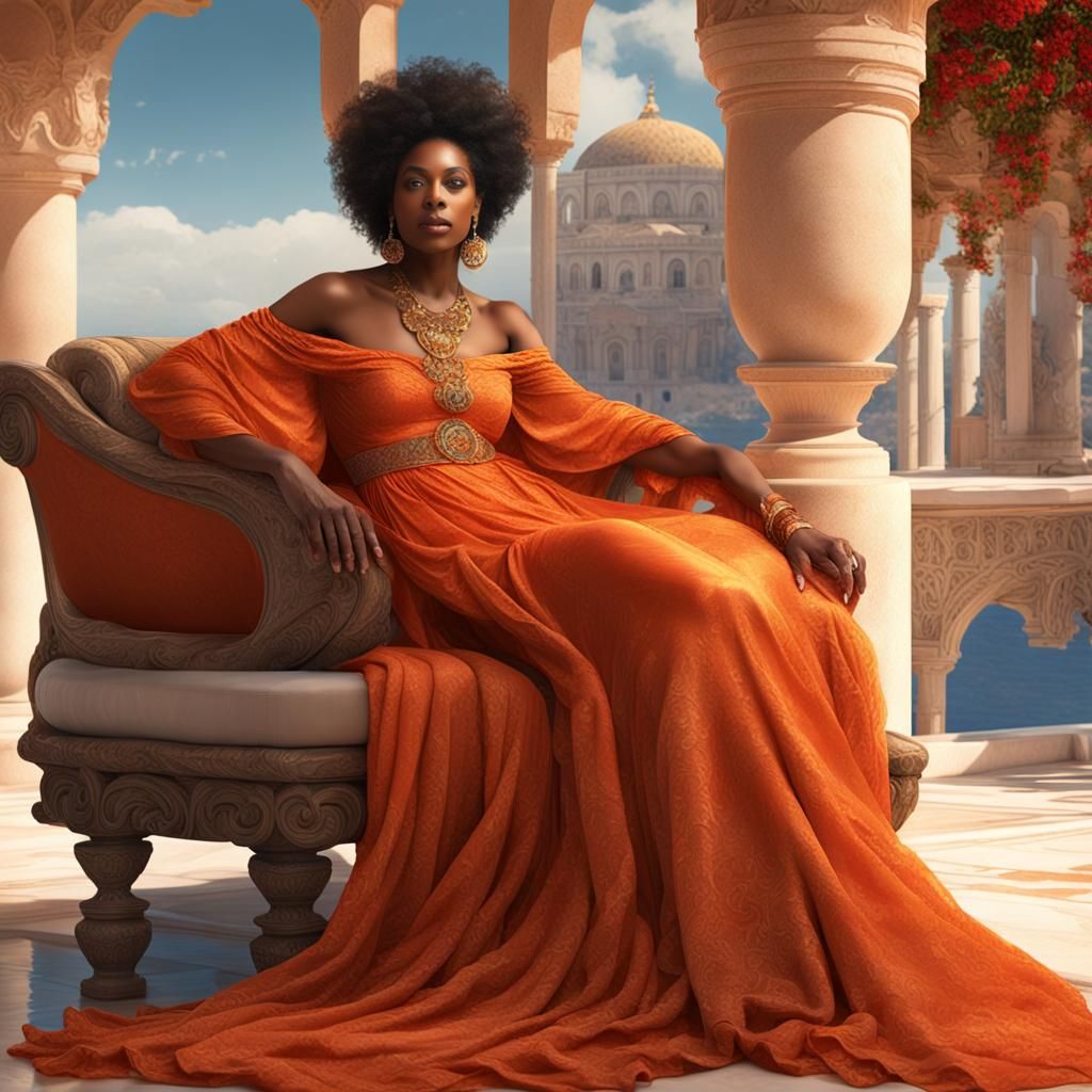 Elegant Woman in Orange Gown, Classical Style