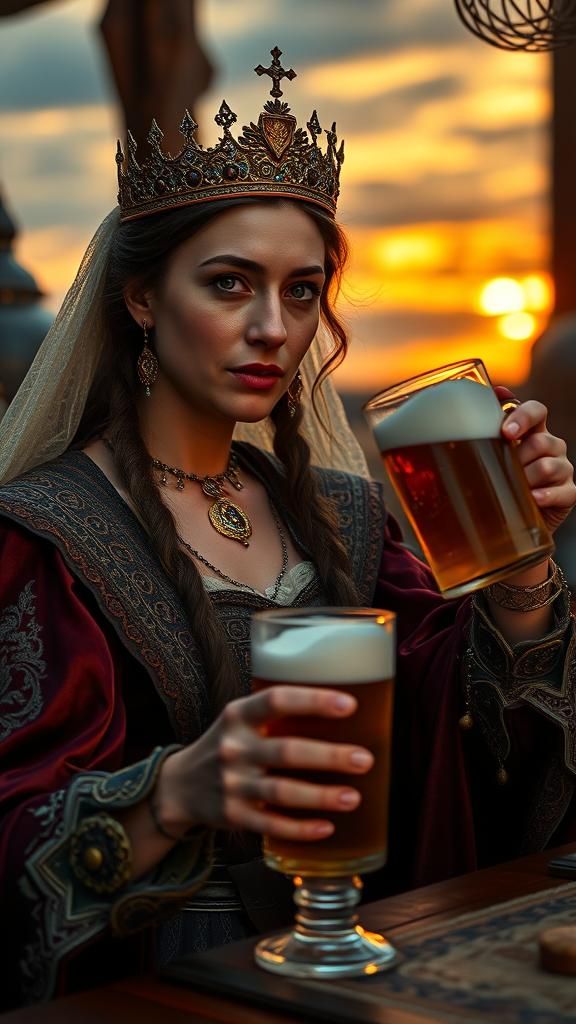 Hyperrealistic Queen Enjoys a Pint of Beer