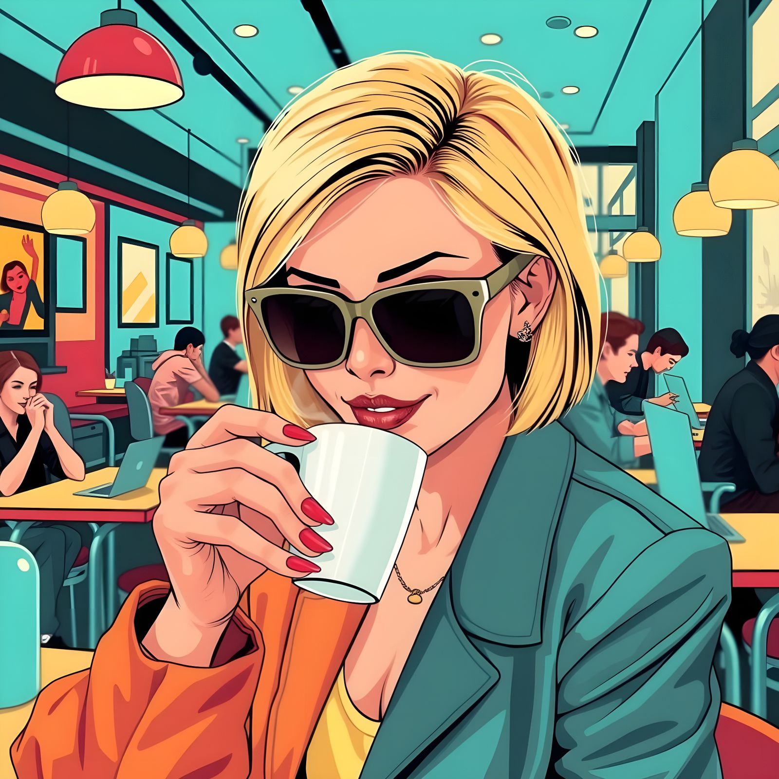 Vibrant Pop Art Portrait of a Blonde Woman Enjoying Coffee i...