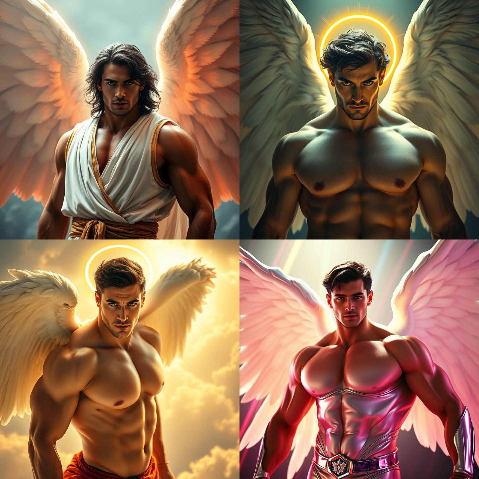 Dark-Haired Angel with Neon Aura in Heaven