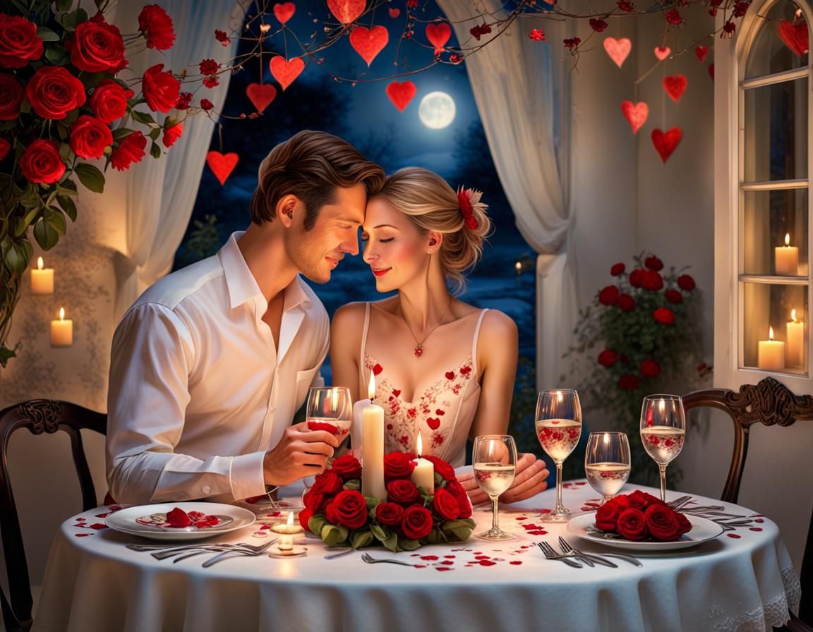 decoupage of Romantic Candlelit Dinner, stunningly beautiful happy couple, one woman and one man, illuminated by the moo...