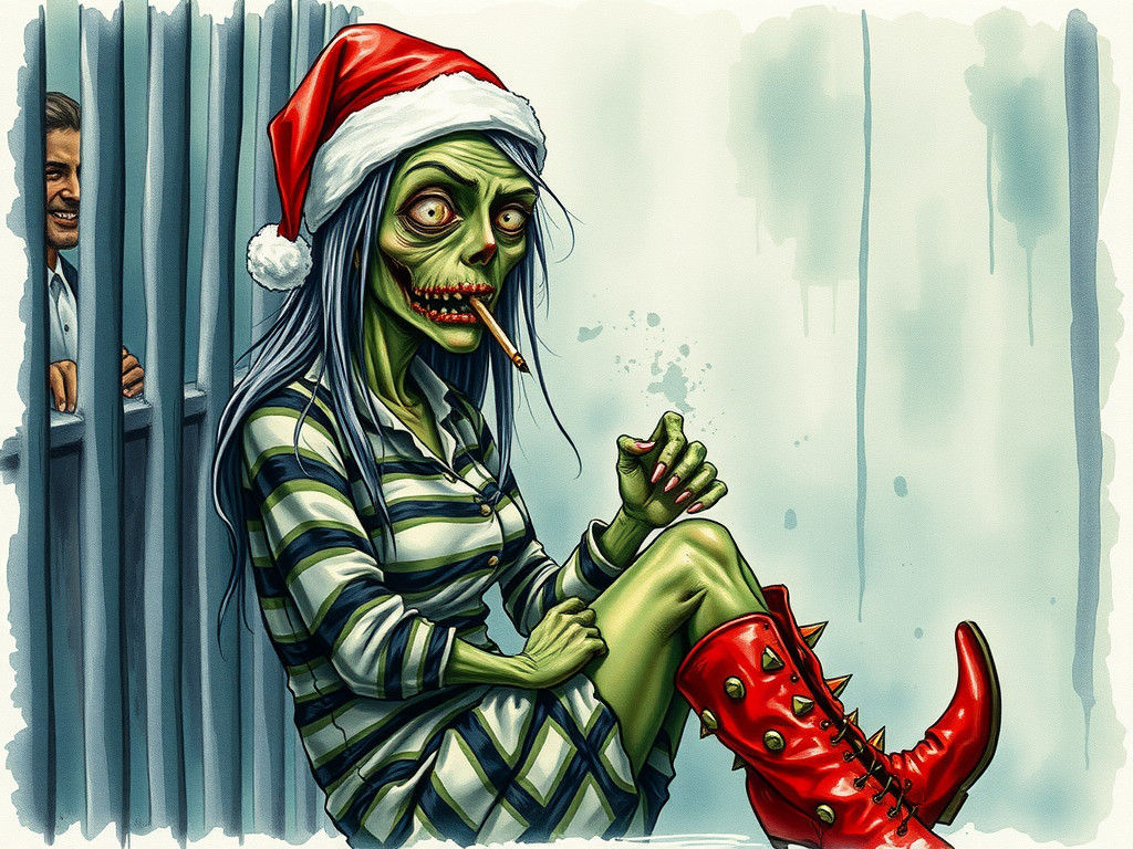Ugly zombie woman with green rotting skin, wearing a Santa h...