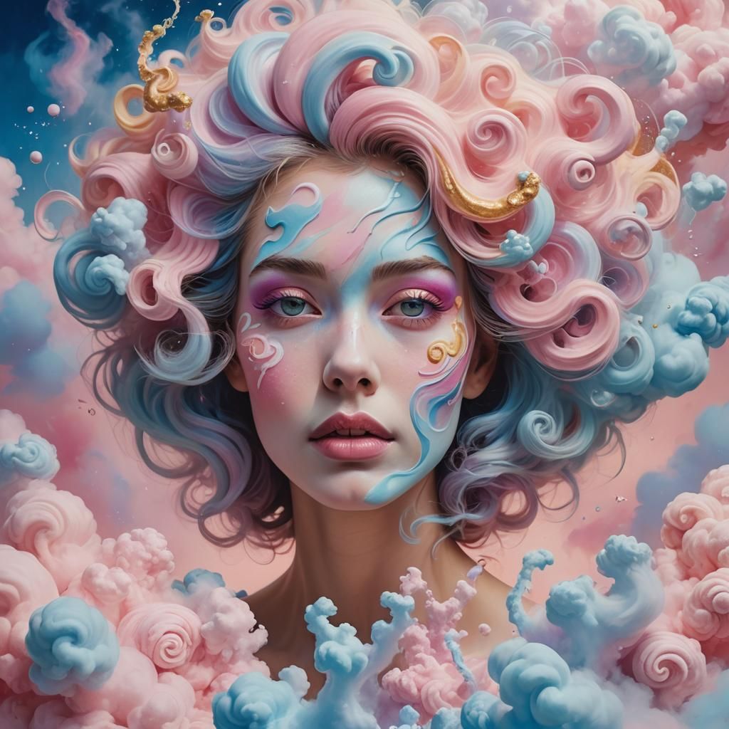 Woman Surrounded by Pastel Swirls in Expressionist Style