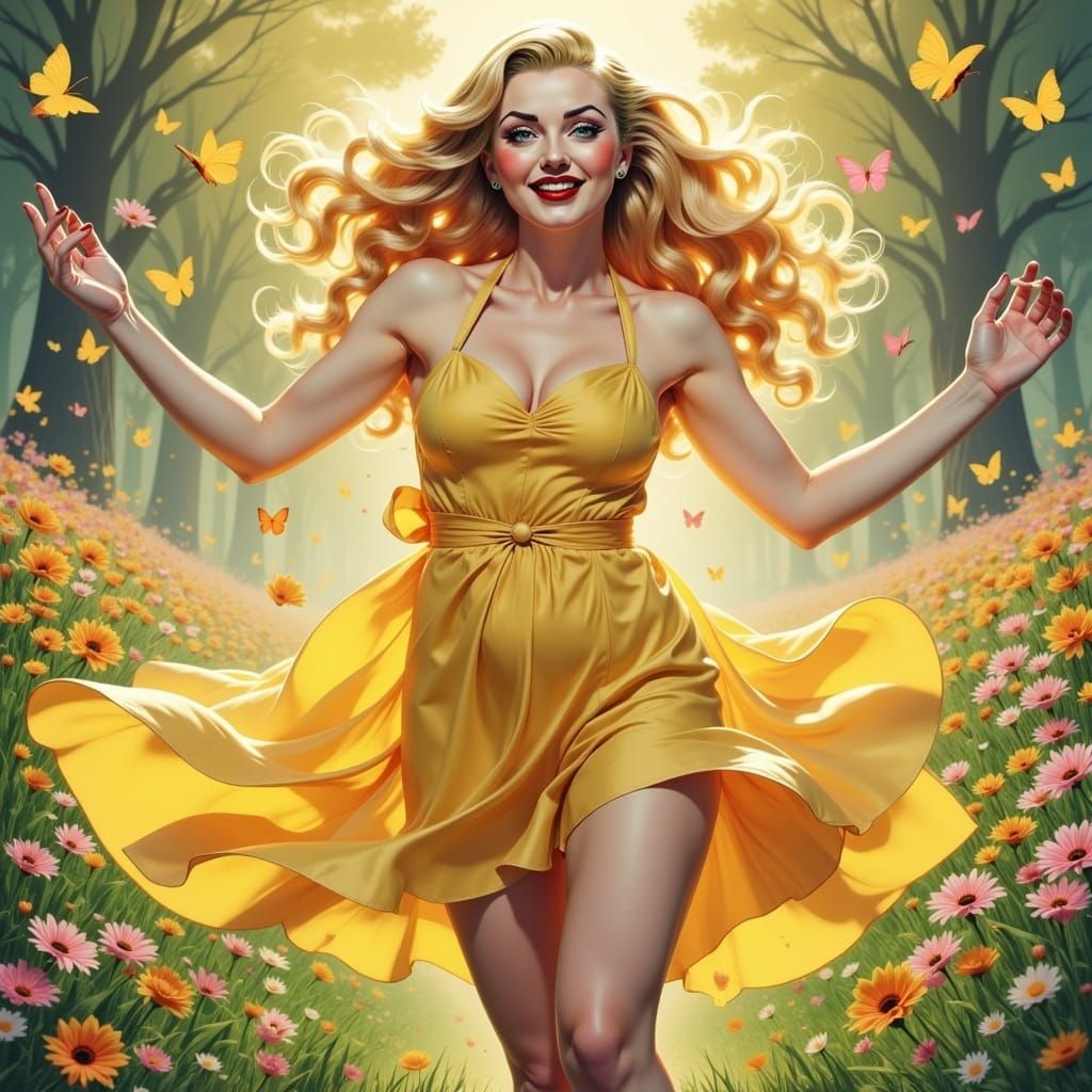 Joyful Woman Dancing in Sunny Meadow, Anime Style