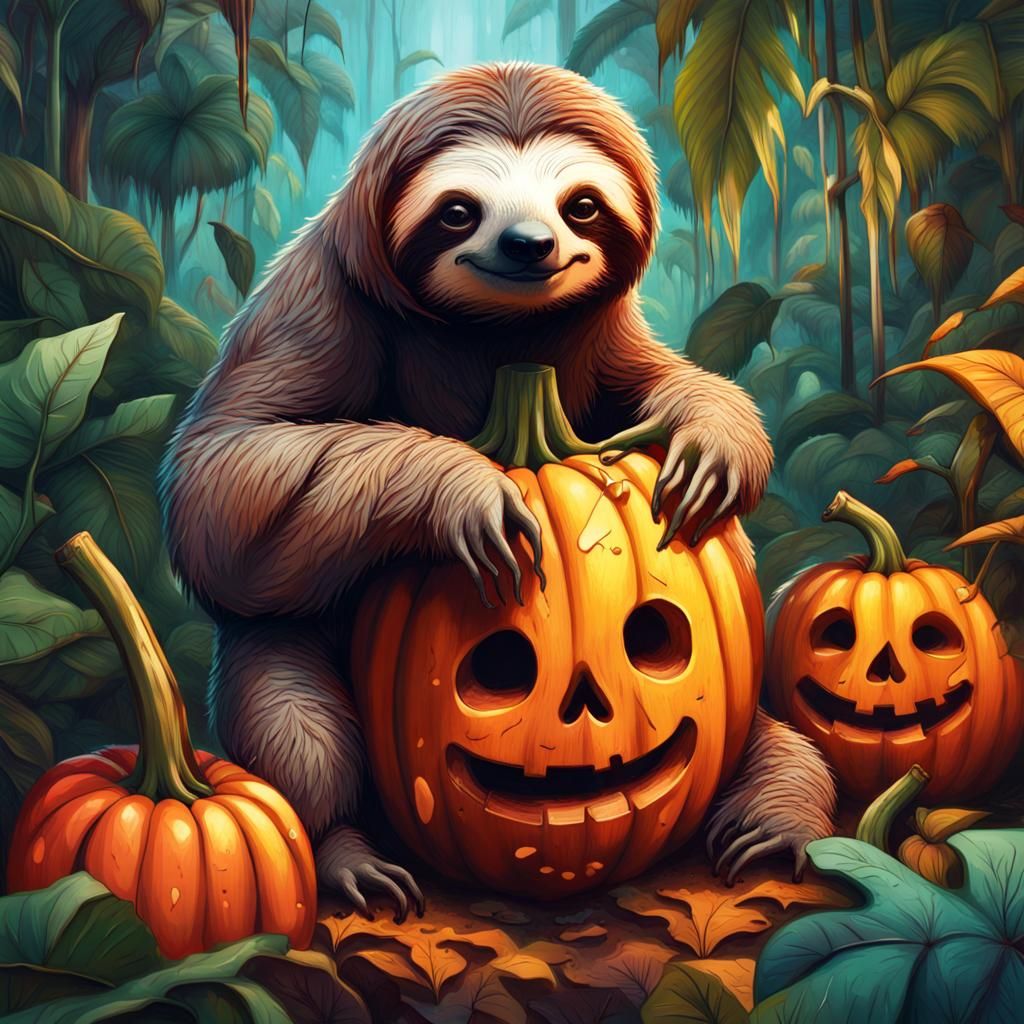 Jungle Sloth Pumpkin Carving in Graffiti Art Style