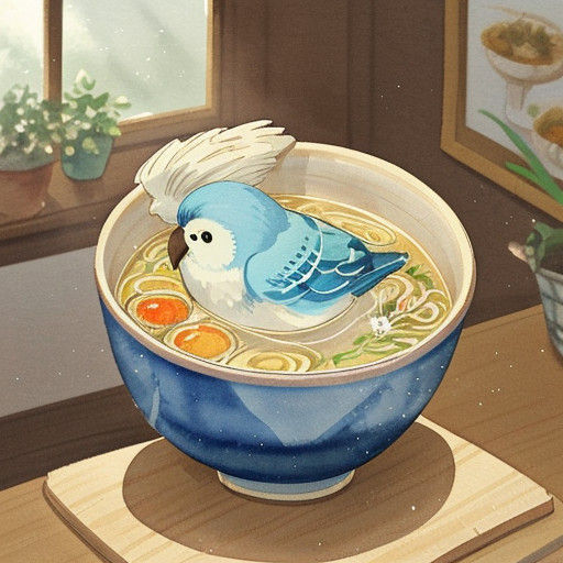Watercolor-Inspired Blue Budgie in Ramen Wonderland