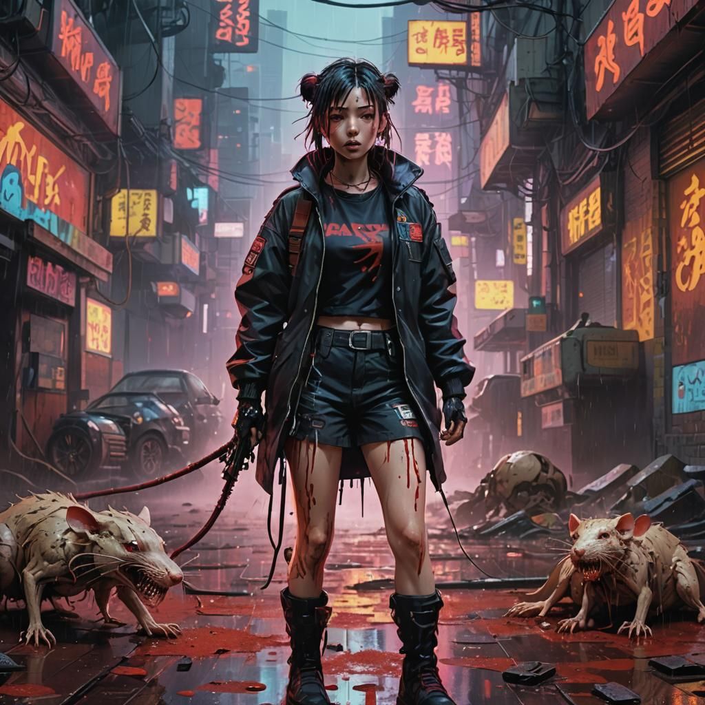 Cyberpunk Girl with Rat in Acid Rain