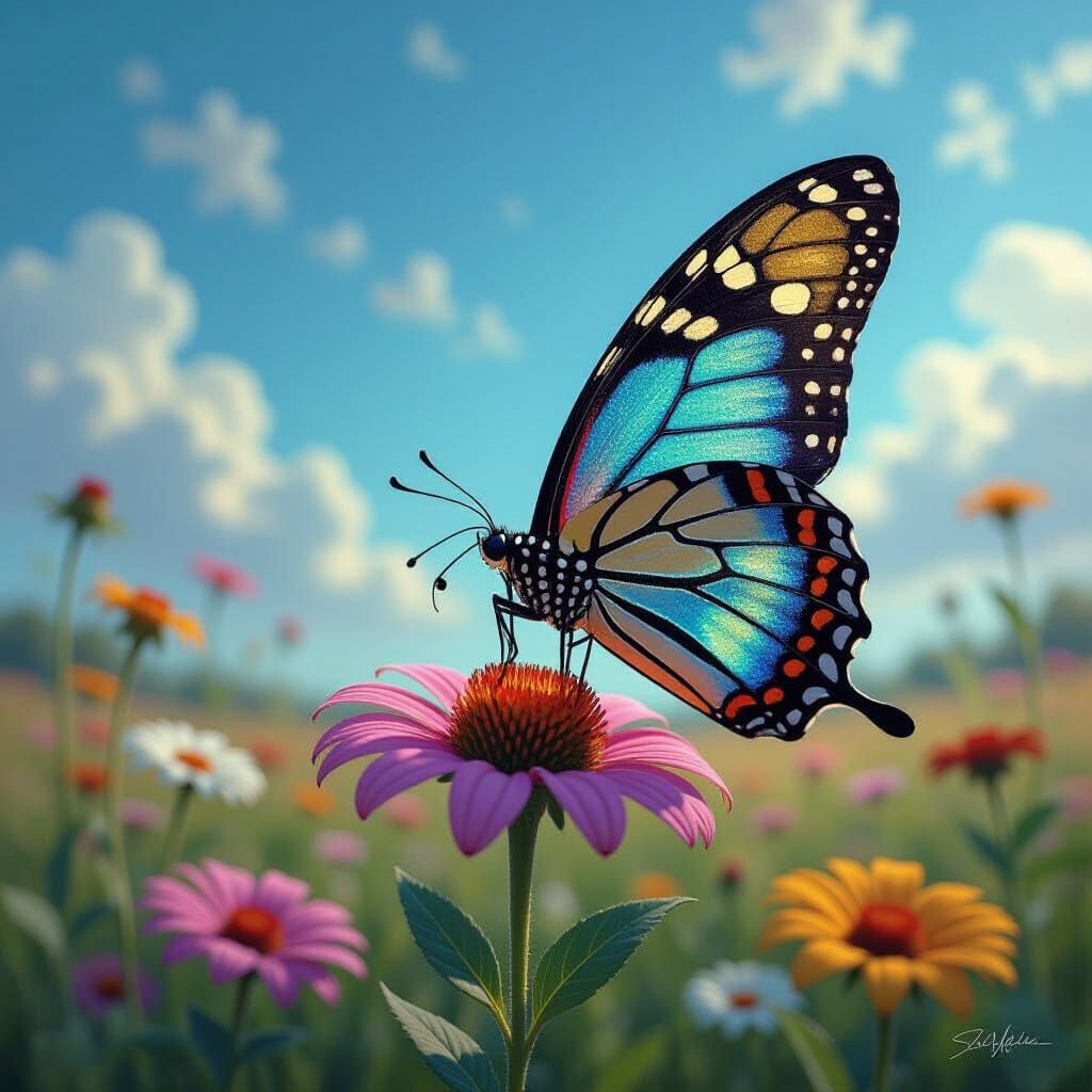 Majestic Butterfly with Celestial Body on Wildflower Field