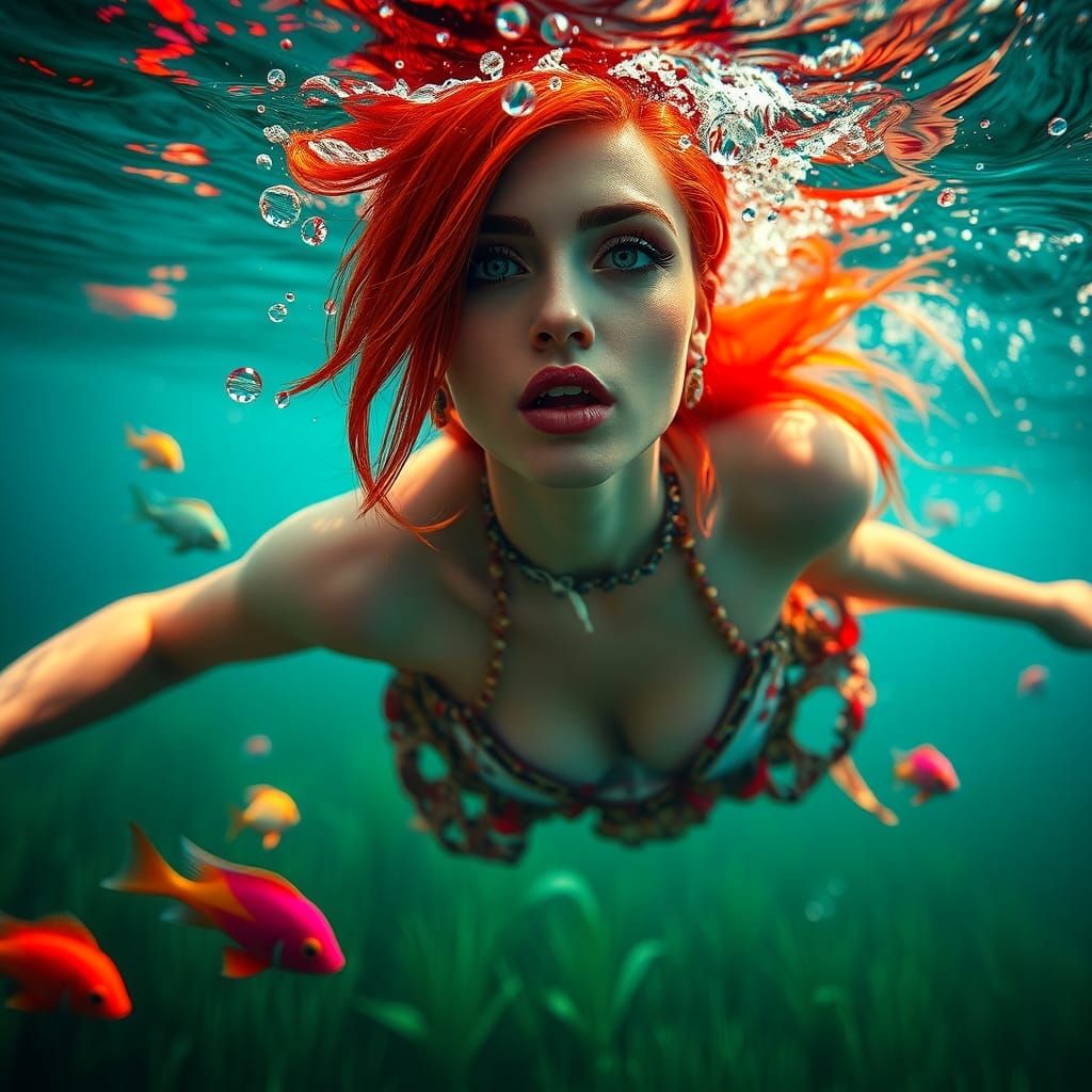 Redhead Woman in Tropical Steampunk Lagoon