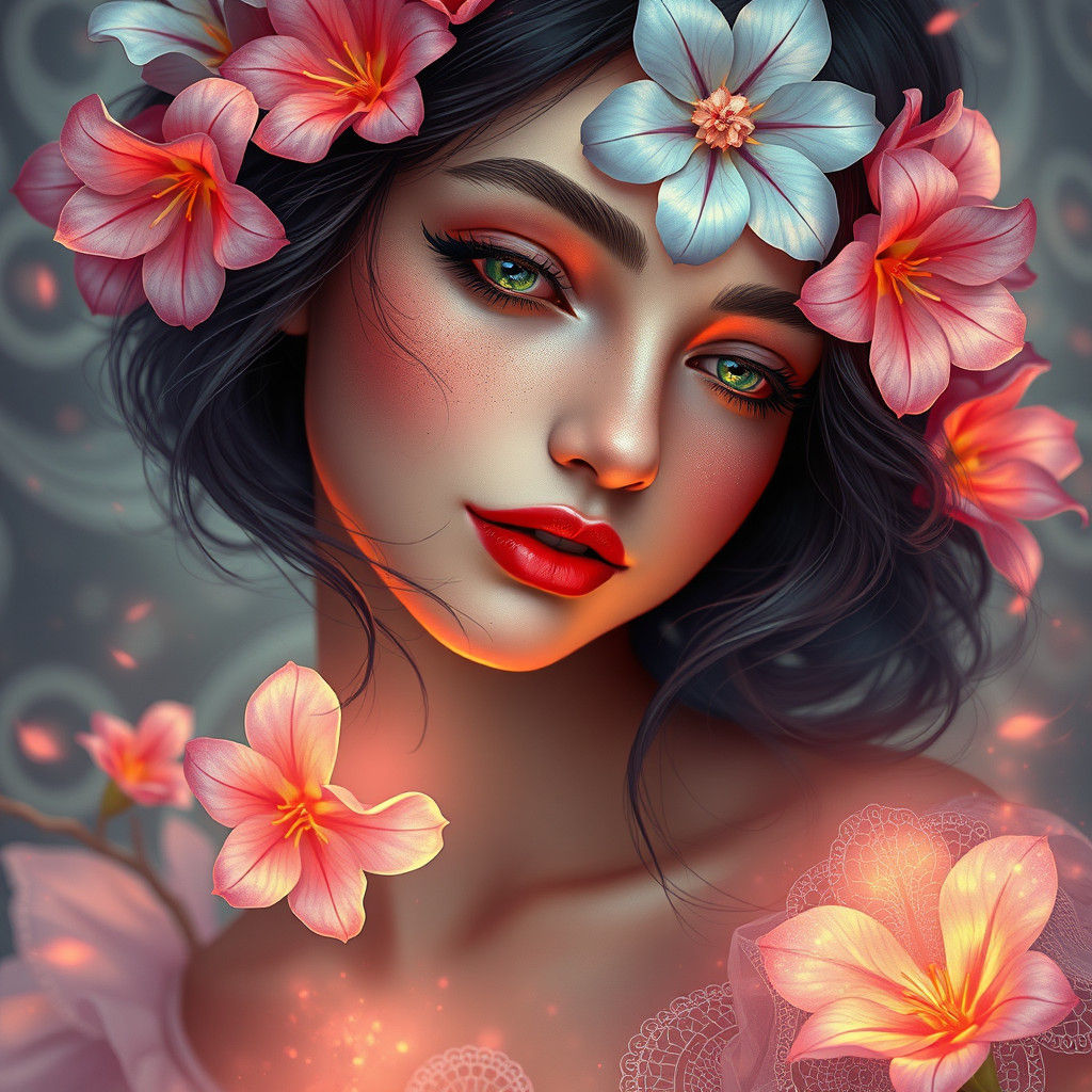 Ethereal Woman with Aurora Flowers in Art Nouveau Style