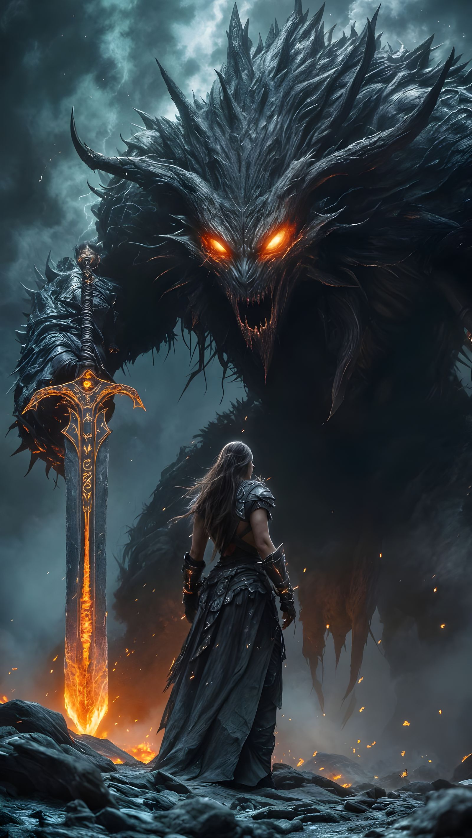 Barbarian Woman Faces Colossal Boss in Dark Fantasy