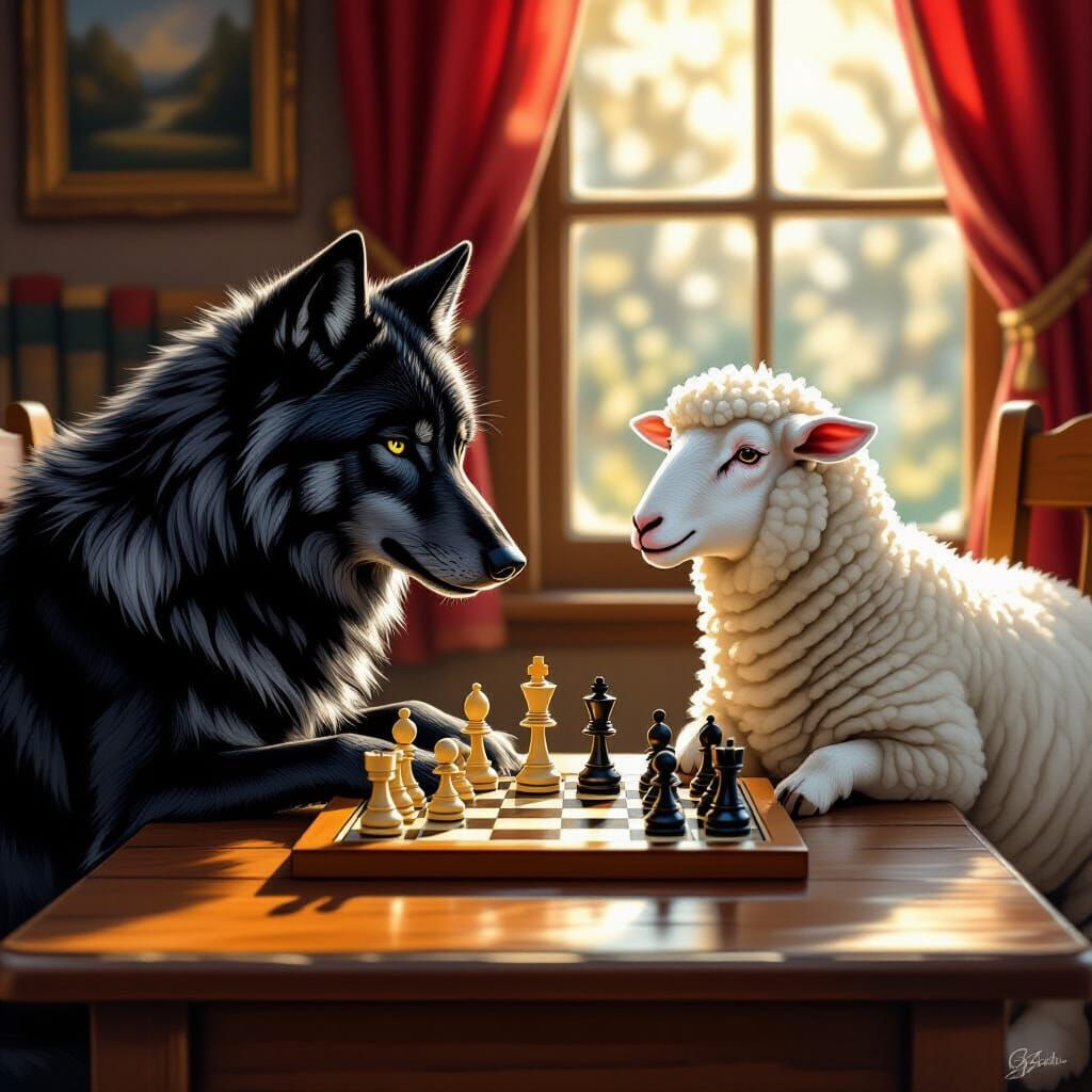 Wolf and Sheep Play Chess in Whimsical Storybook Style