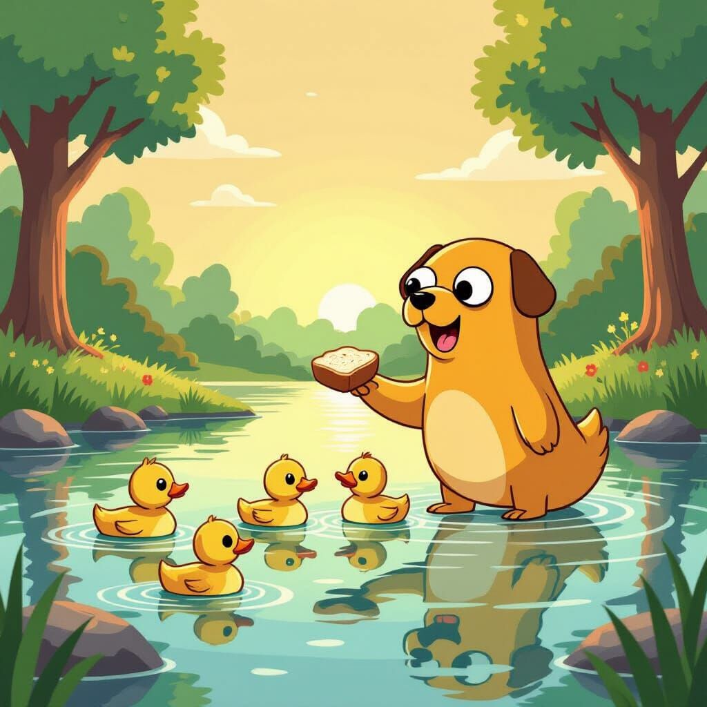 Jake the Dog Feeds Ducks in Golden Dawn Light