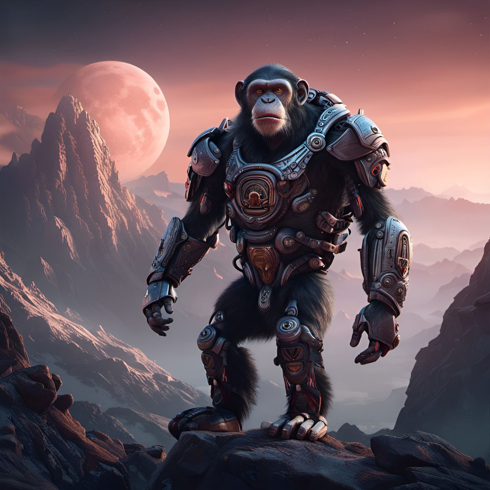 Robot Chimpanzee Warrior in Moonlit Mountains
