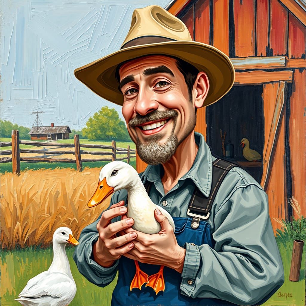 Farmer and Duck Caricature in Expressionist Style