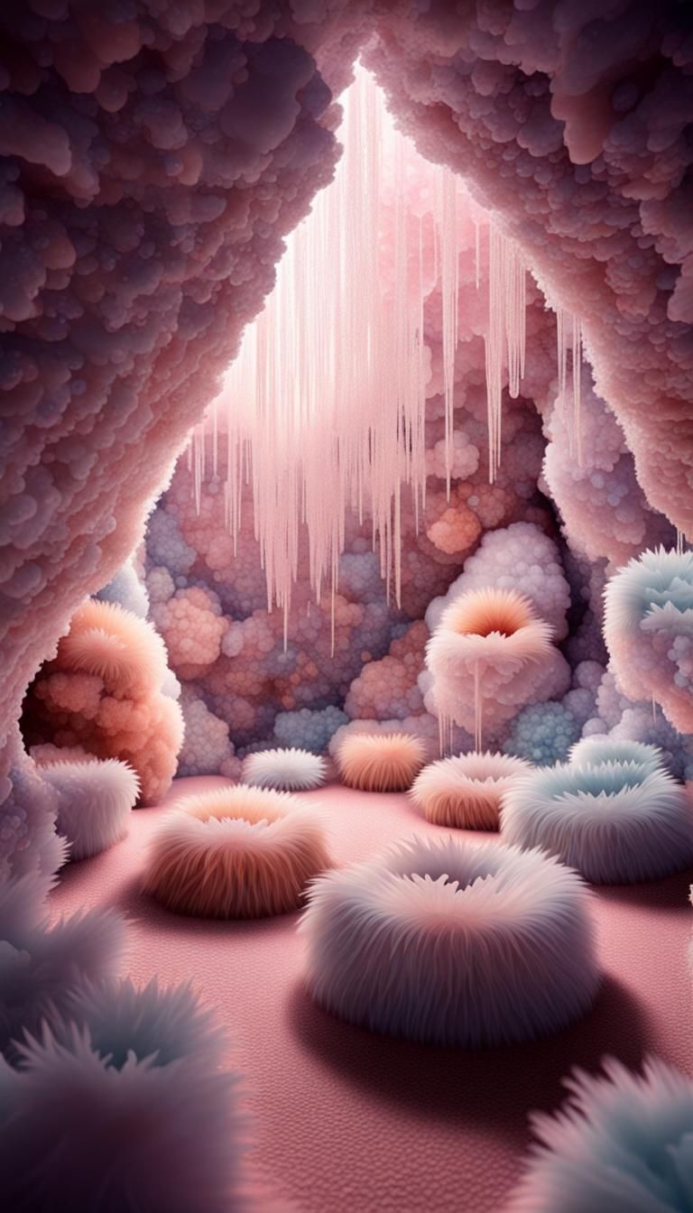 Retrofuturistic Crystal Cave with Furry Creatures