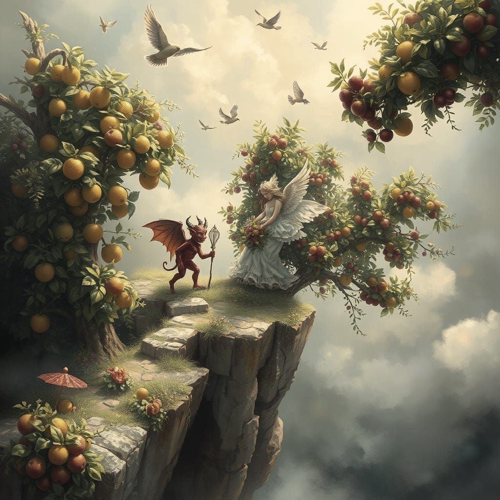Ethereal Garden Scene with Angels and Devils