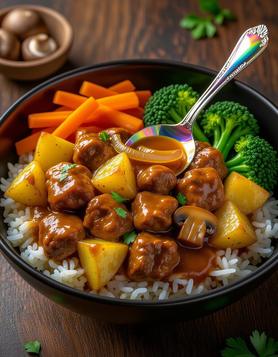Delicious Curry Rice with Vegetables, Photorealistic Style