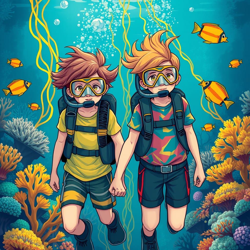 Teenage Divers in a Colorful Underwater Coral Reef