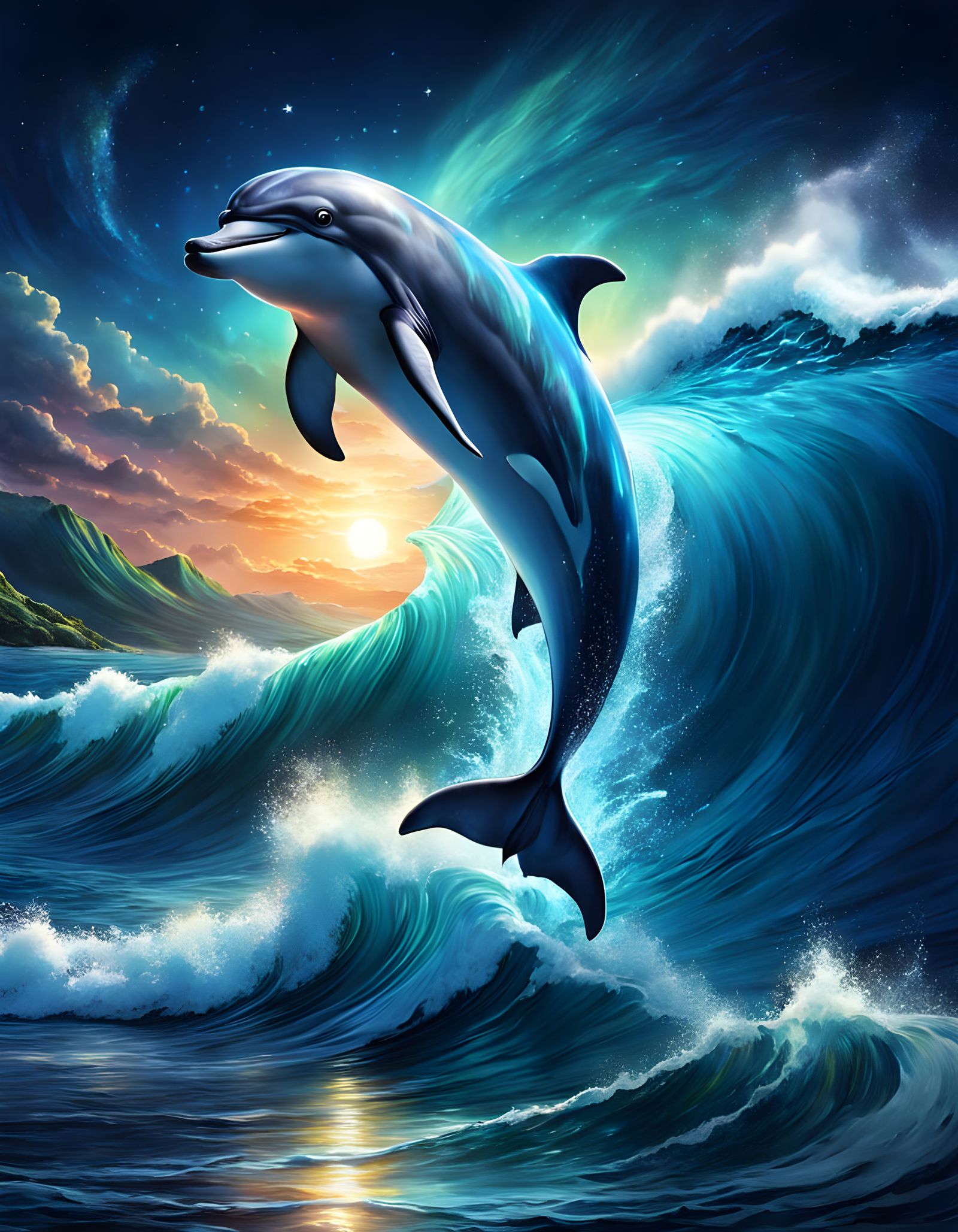 Glowing Dolphin Emerges from Cosmic Wave in Vibrant Astral S...