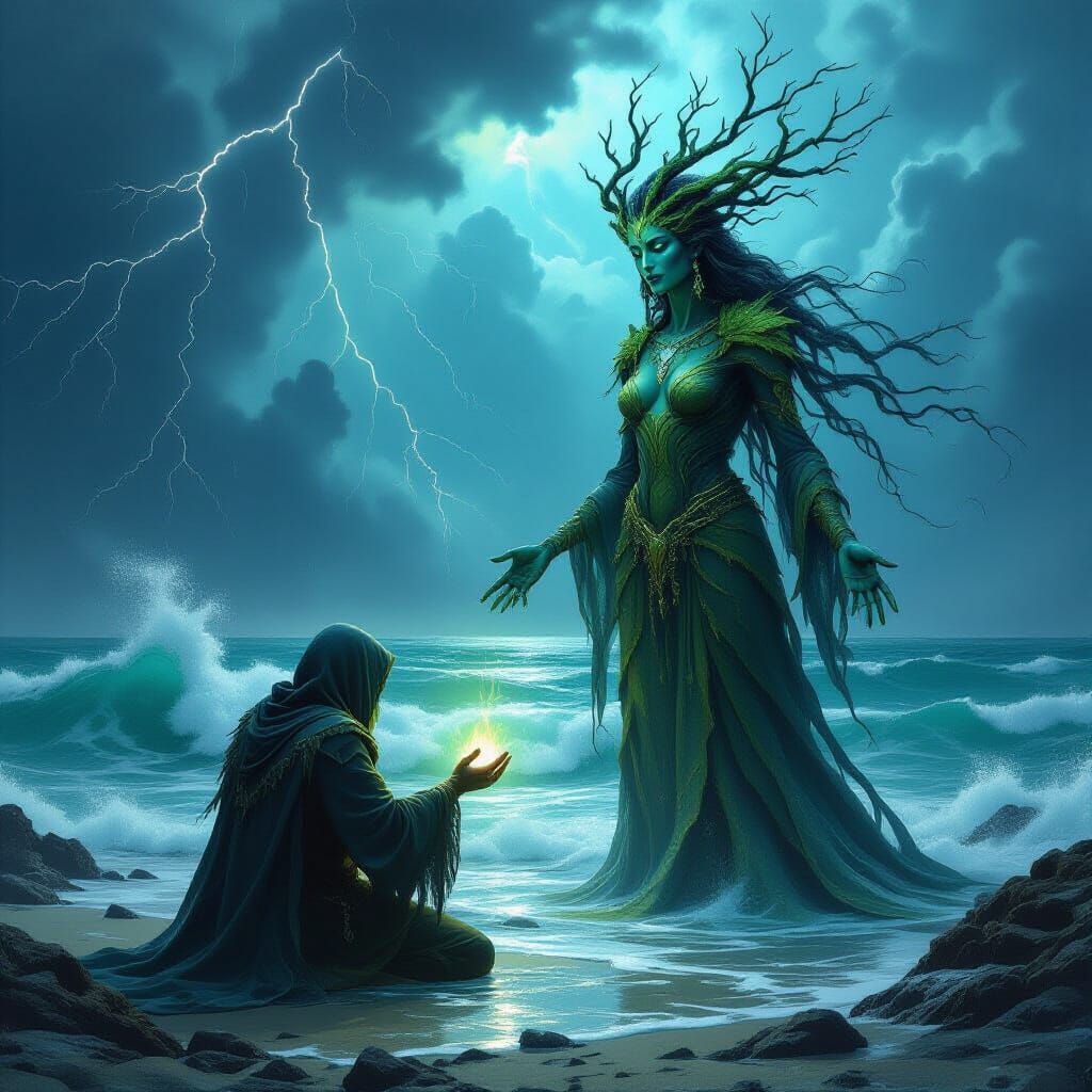 Mythological Island Encounter: Ancient Woman and Seeker