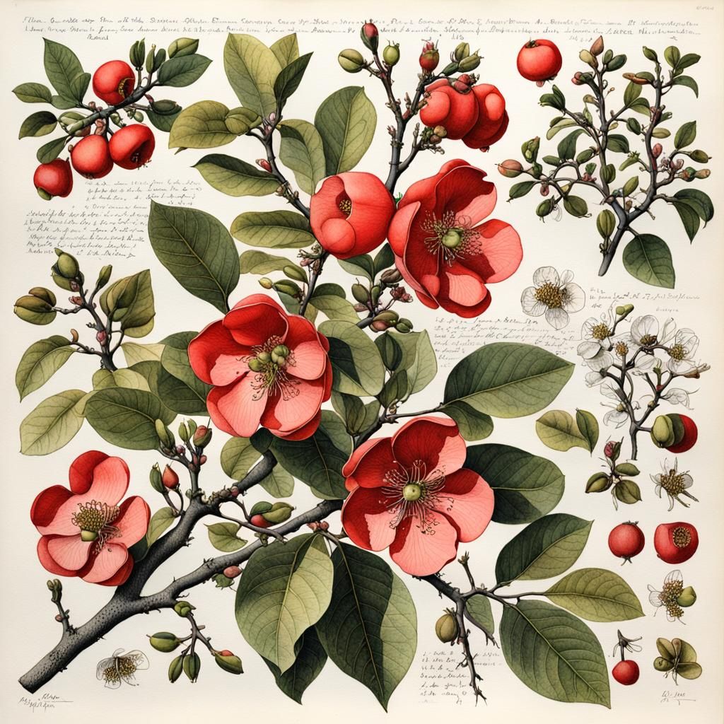 An insanely detailed botanical page depicting various parts of a flowering quince bush, made with pen and ink, watercolo...