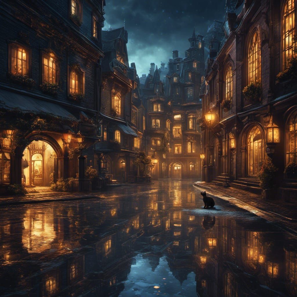 Cat in Noctilucent Town at Night