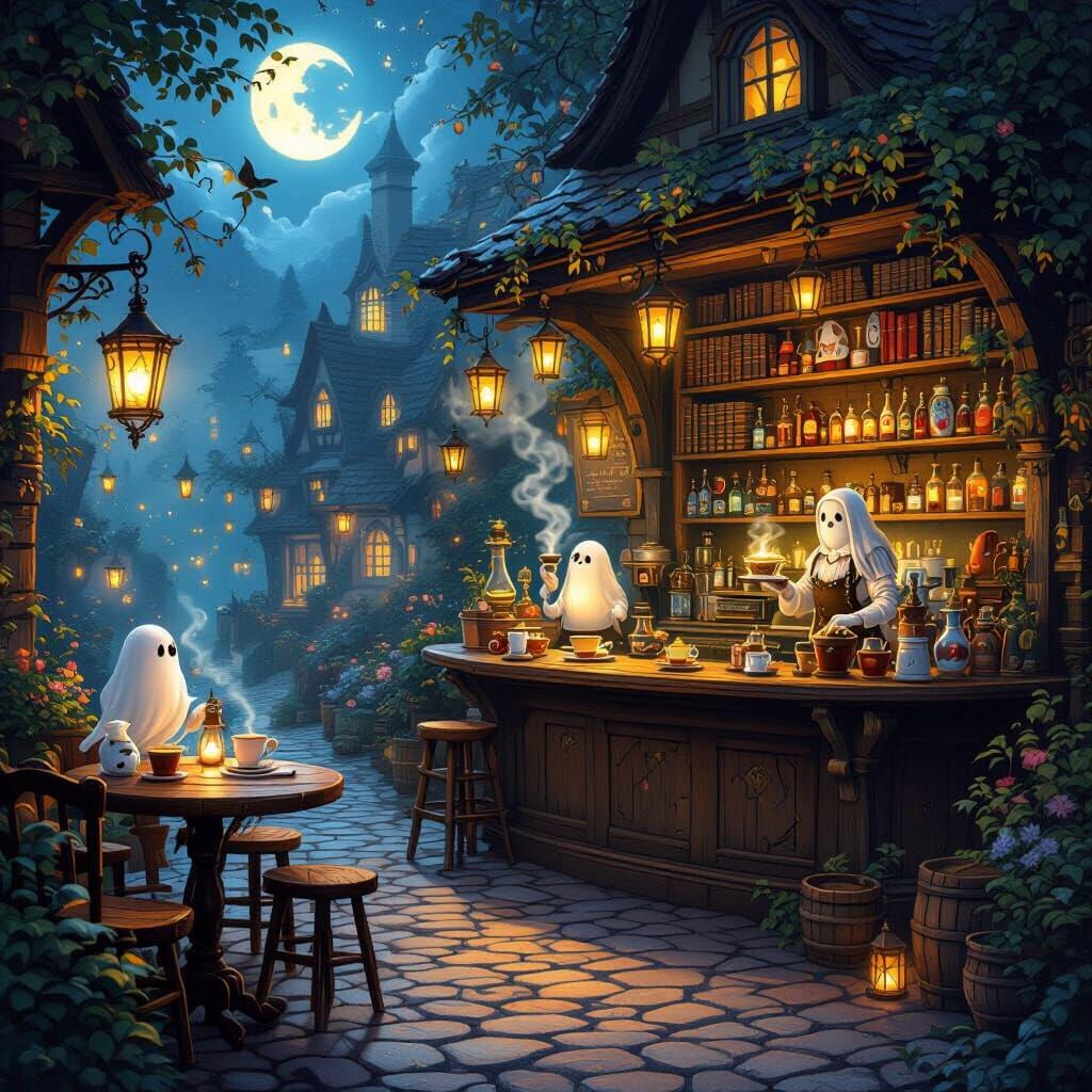 Enchanted Cafe Under Moonlight With Floating Cups