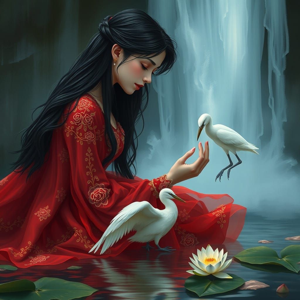 Mournful Princess in Enchanted Waterfall Realm