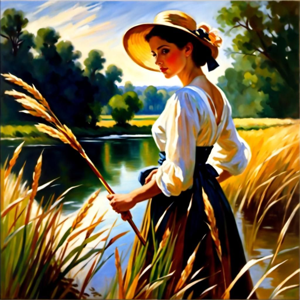Peasant Girl by River in Impressionist Style