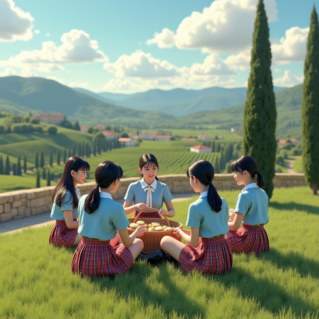 French Picnic: Schoolgirls in Provence, Hyper-Realistic 3D A...