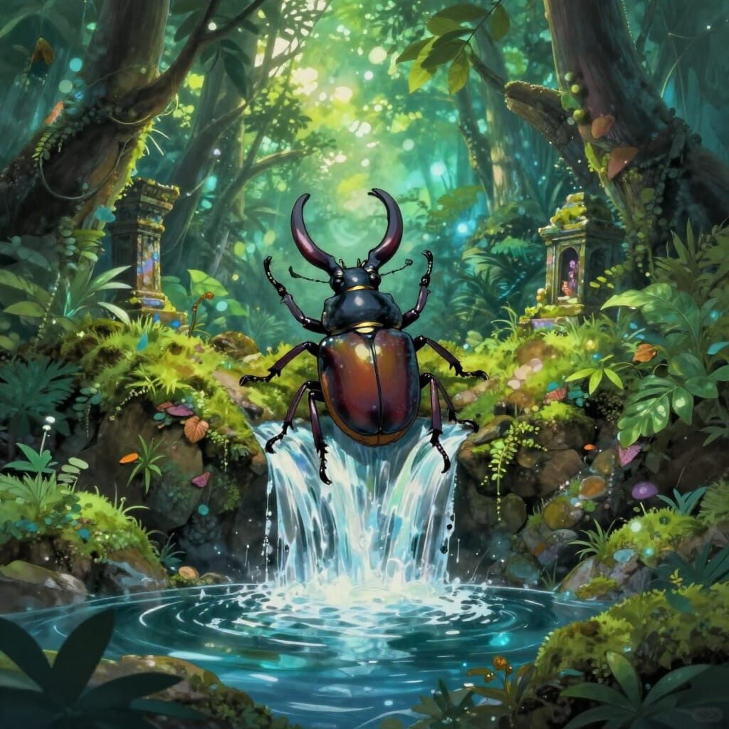 Majestic Stag Beetle Guards Bioluminescent Waterfall