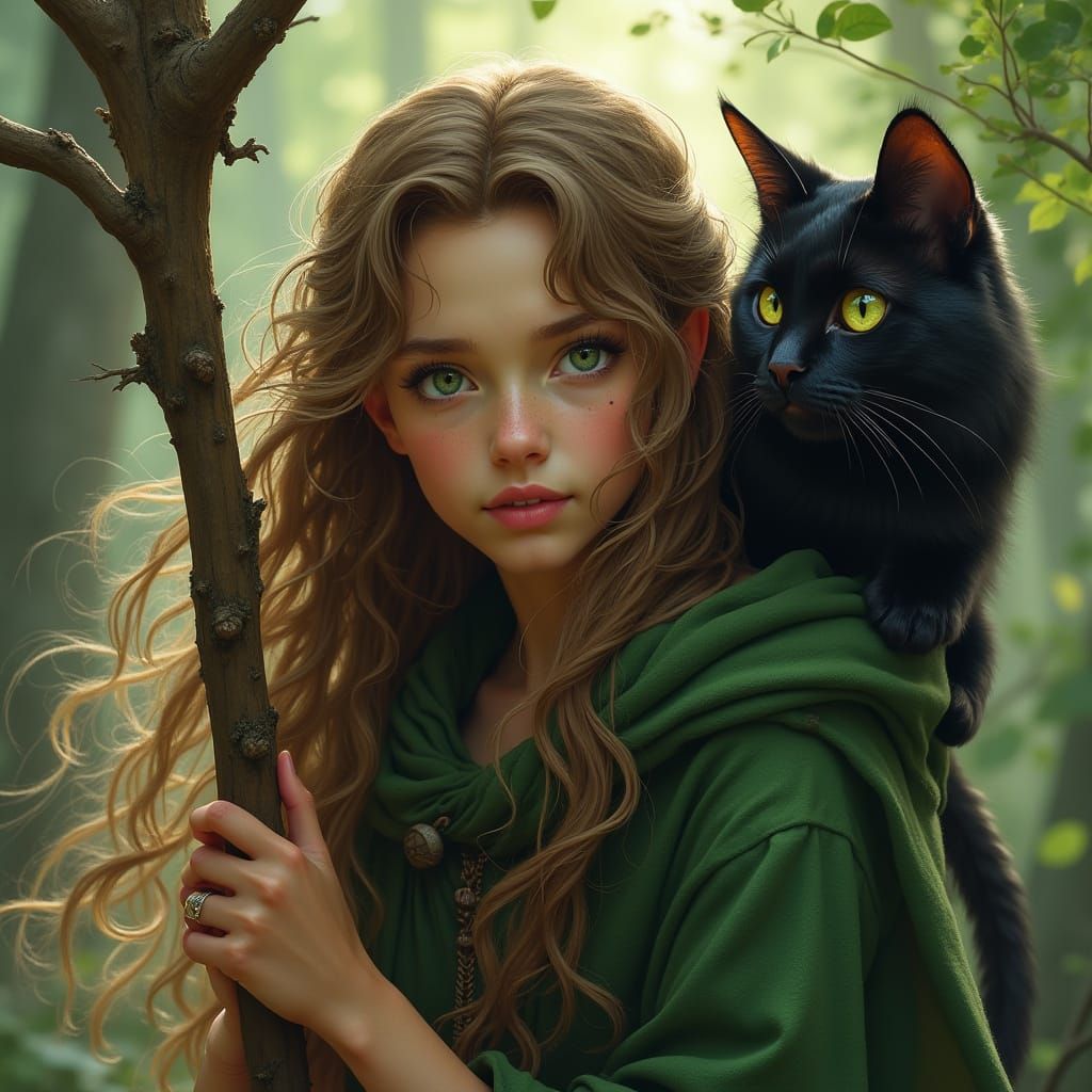 Wood Elf Druid with Winged Cat, Fantasy Art
