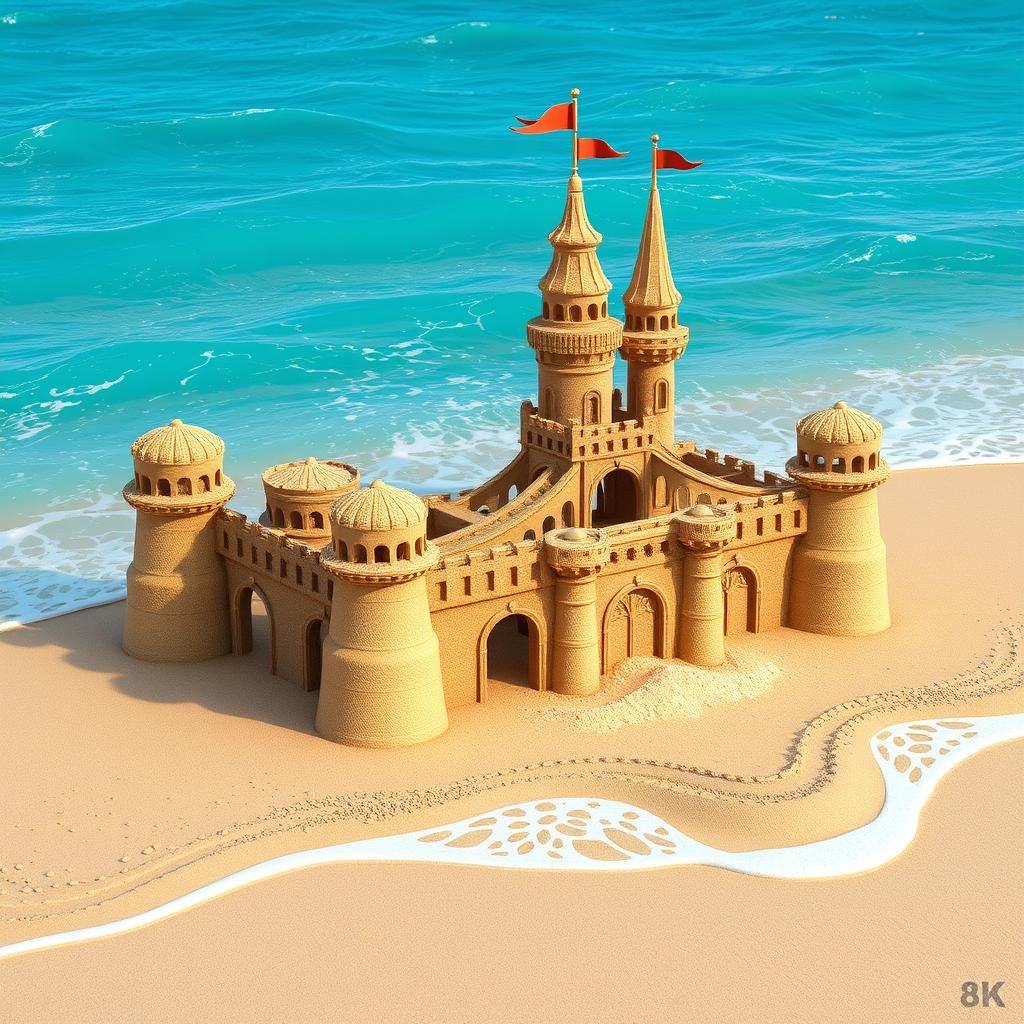 Detailed Sandcastle Engulfed by Waves: 3D Concept Art
