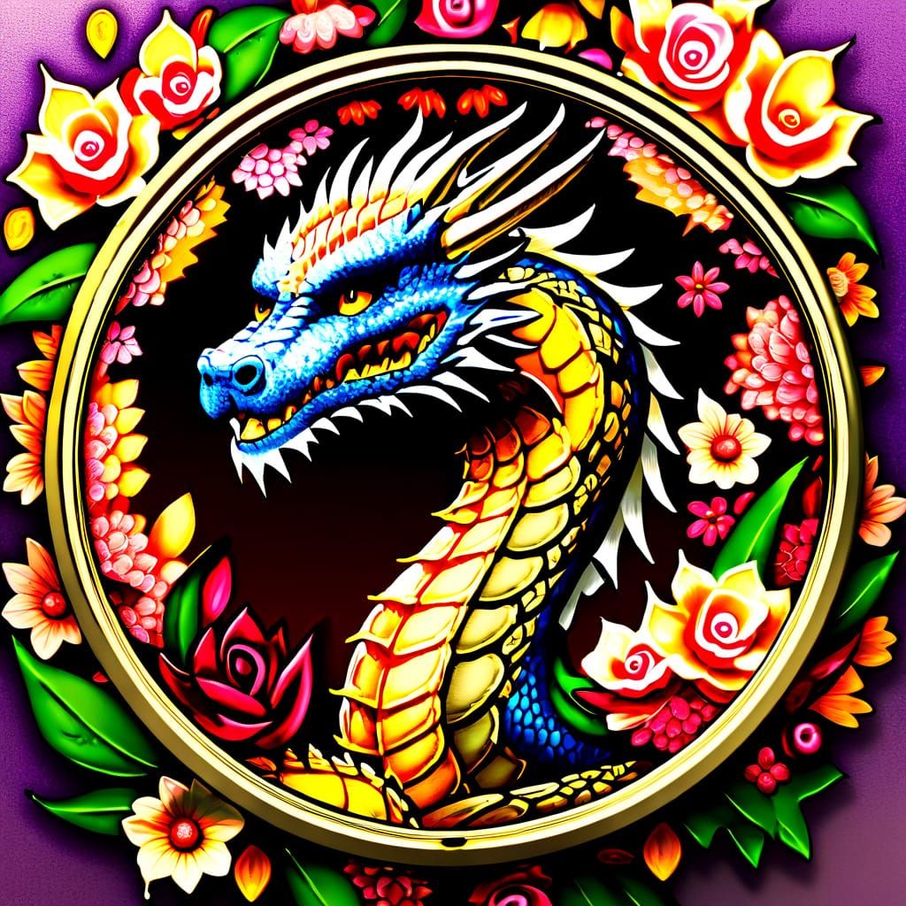 Dragon and Flowers Fantasy Art in Macro Photography Style