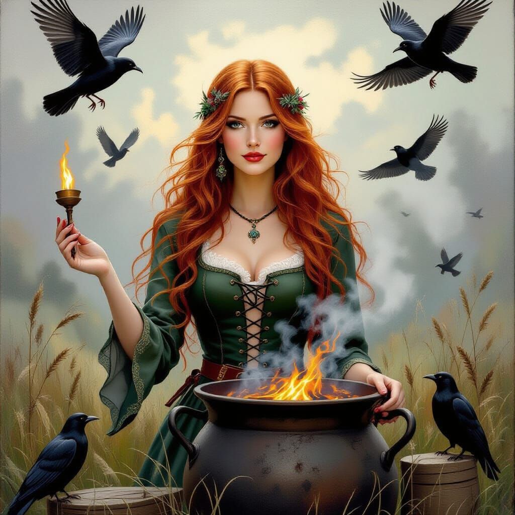 Red-Haired Witch with Crows, Oil Painting
