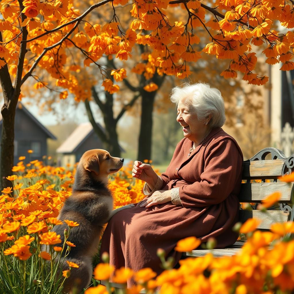 Cozy Autumn Scene with Old Woman and Dachshund