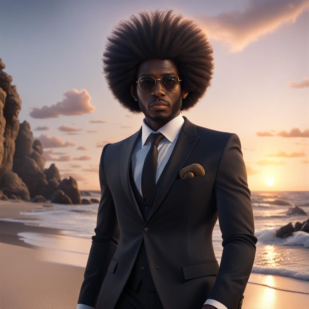 Black Man in Suit at Sunset: Detailed Matte Painting