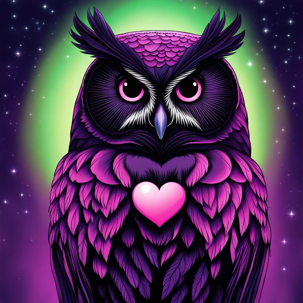 Black Owl with Heart Necklace and Aurora