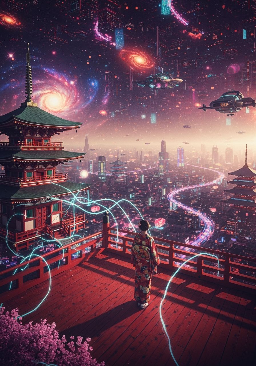 Surreal Japanese Temple in Space, Sci-Fi Card-Postal