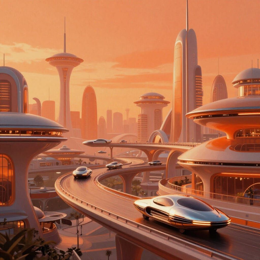 Retro-Futuristic Cityscape of Orange and Amber Glow