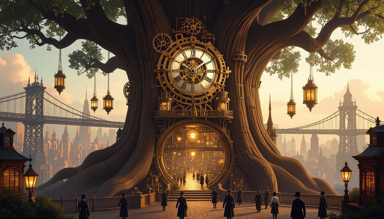 Steampunk City Inside Ancient Tree