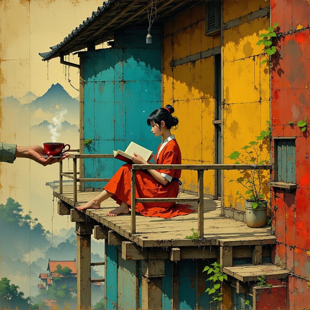 Balcony Coffee Offering to Bookish Woman in Gouache Style