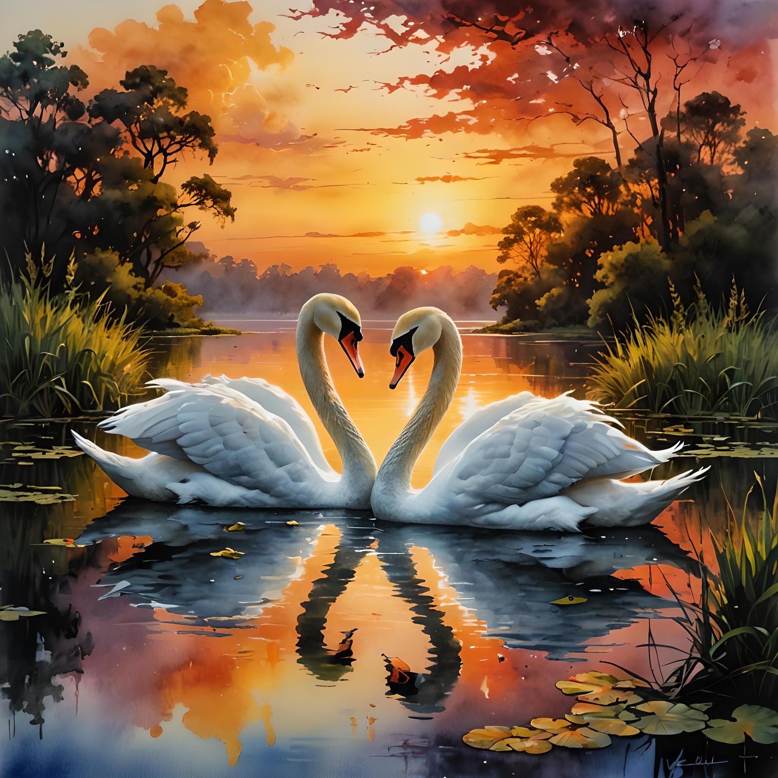 Two Beautiful Swans on the Lake.