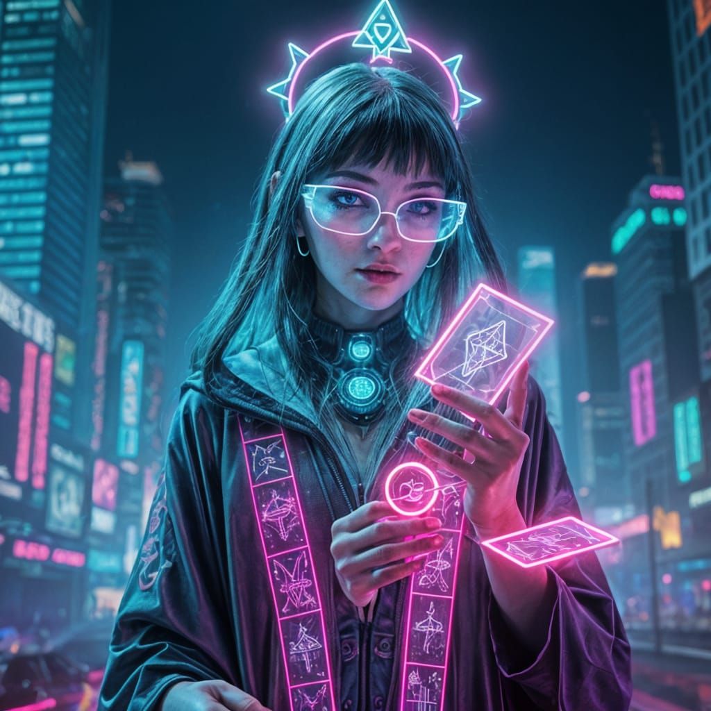 Cyberpunk Tarot Reader with Holographic Runes