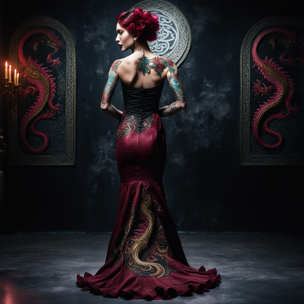 Gothic Woman with Dragon Tattoo in Dark Room