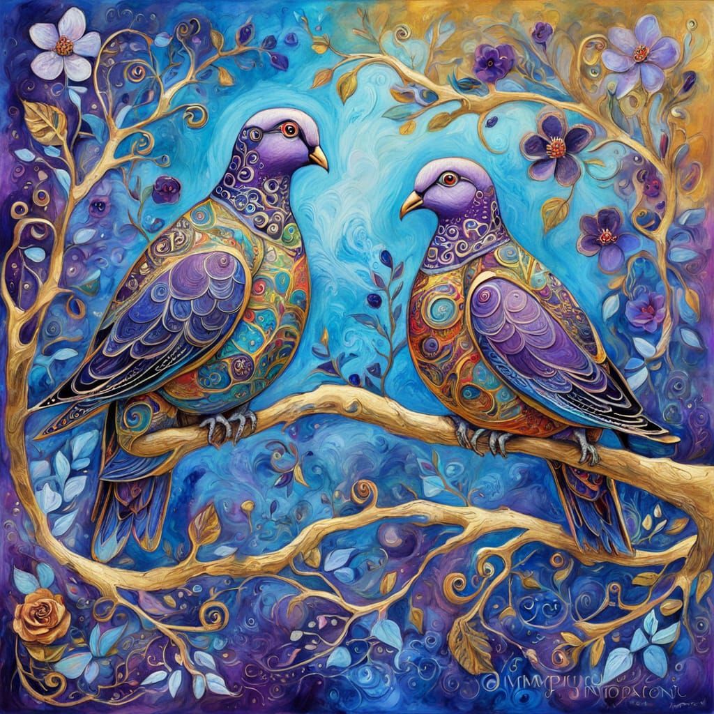 Turtle Doves on Gilded Branch in Art Brut Style