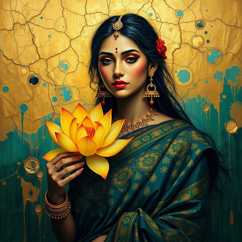 Surreal Indian Goddess Emerges from Golden Textures